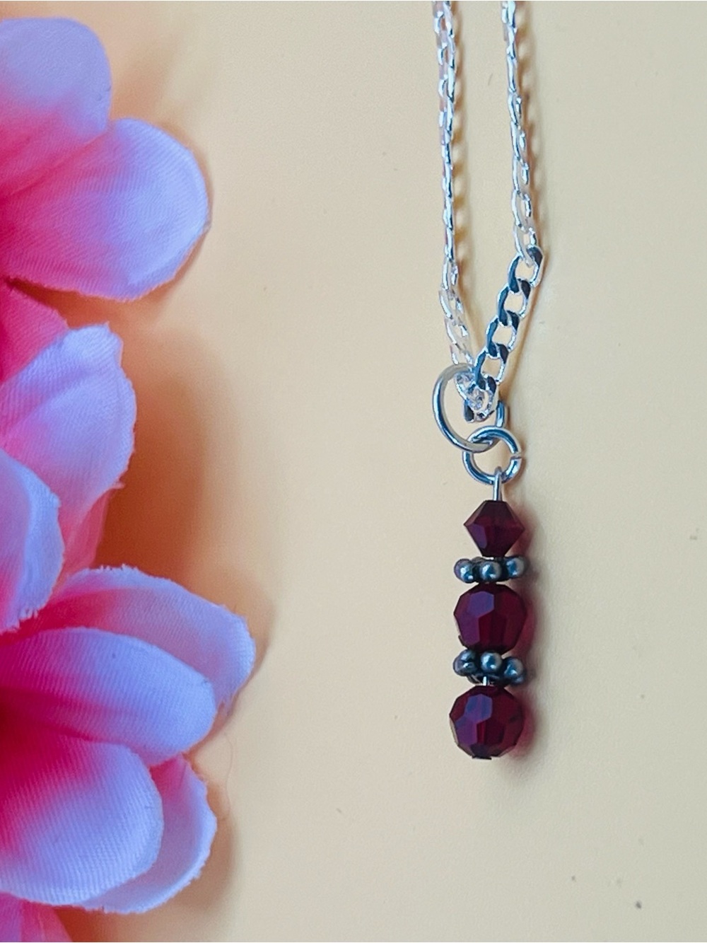 Elegant Silver Necklace with Red crystal pendant